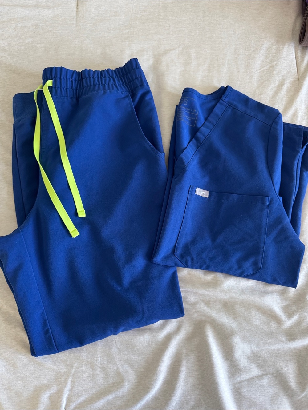 Figs Women's Royal Blue Scrub Set with Neon Yellow Drawstrings